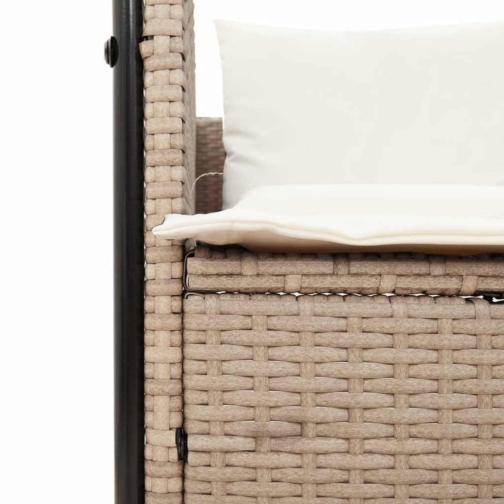 Homgoday Chaise Longue Double avec Toit et Rideaux Beige Résine Tressée, Bain de Soleil de Jardin, Lit de Camping Transat de Relax pour Plage, Extérieur, Balcon, Terrasse B