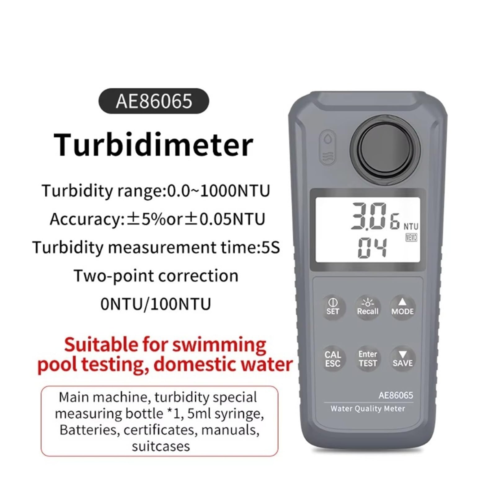 Turbidimètre Numérique AE86065, Plage De Mesure 0-1000 NTU pour une lecture claire