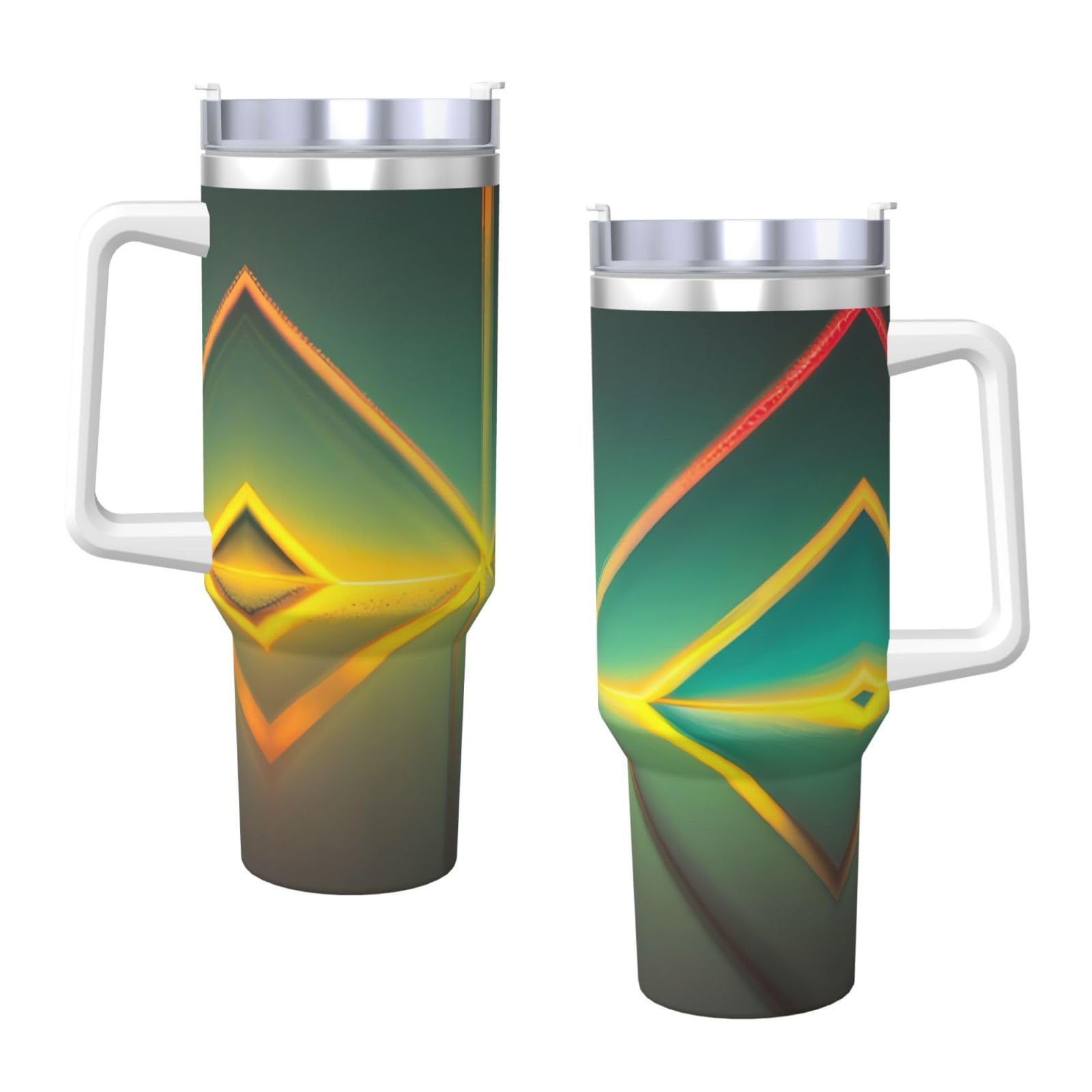 Wasserflasche mit abstraktem geometrischem Muster, Edelstahl, doppelwandig, isoliert, mit Griff und Strohhalm-Deckel, 1,2 l