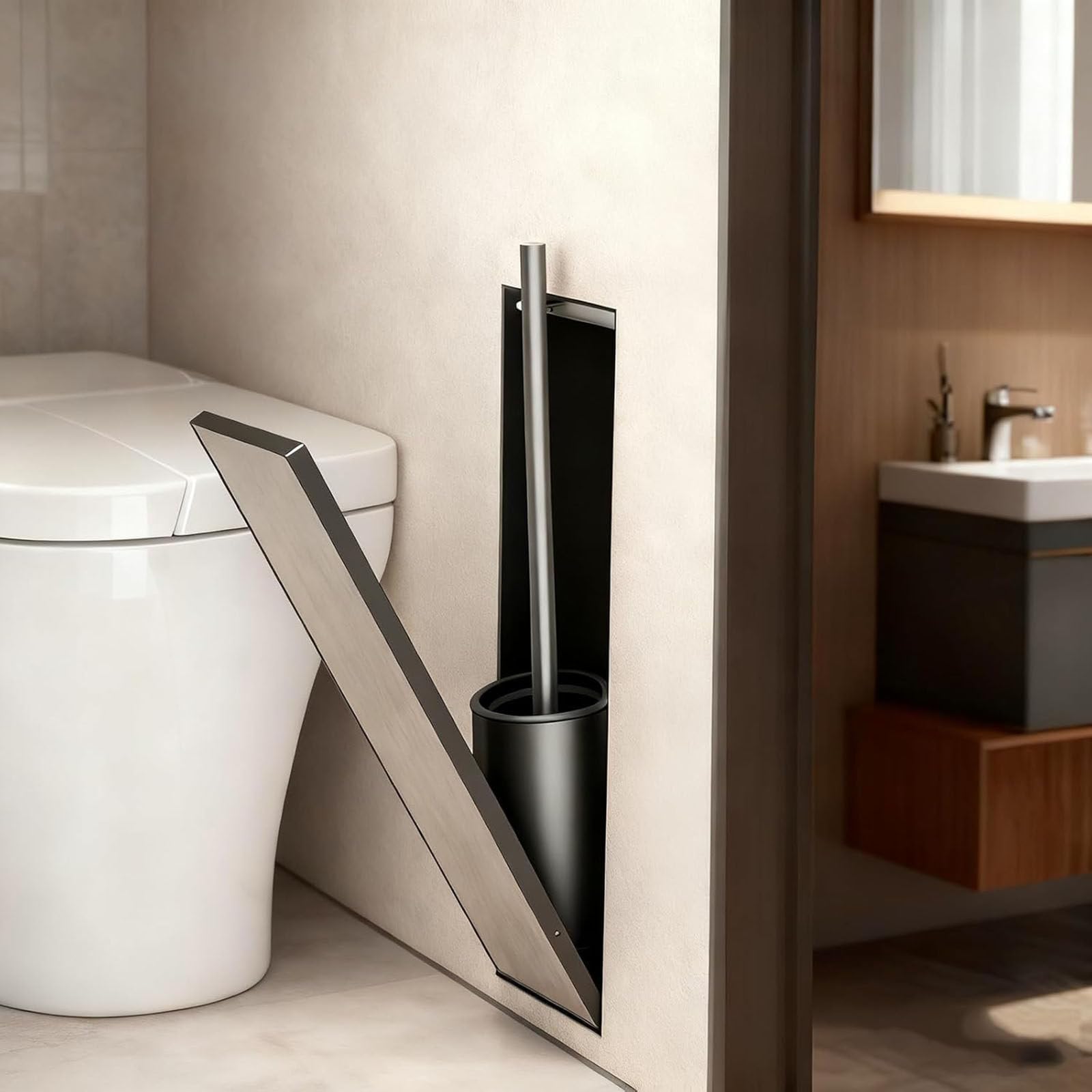 Zykuosus Recessed Toilet Brush Holder, Stainless Steel Shower Alcove with Elastic Lock, Space Saving For om Renovation