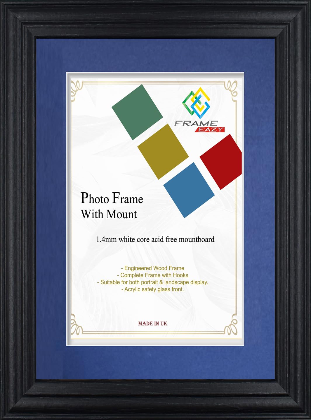 FRAME EAZY Black 14x14 Photo Frame with 12x12 Blue Mount - Antique Style Picture Frame With Safe Perspex Front - Frame 14" x 14" For Picture Size 12" x 12"
