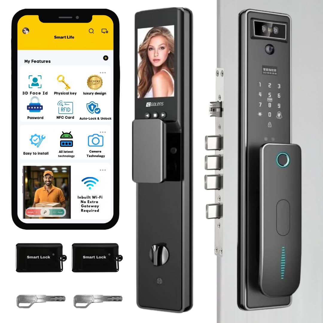 Golens X65 Luxury Smart Digital Door Lock 3D Face Recognition,|Camera| Fingerprint | Pincode | RFID Access Card | Mobile App | Mechanical Key | Auto-Lock Digital Door Lock