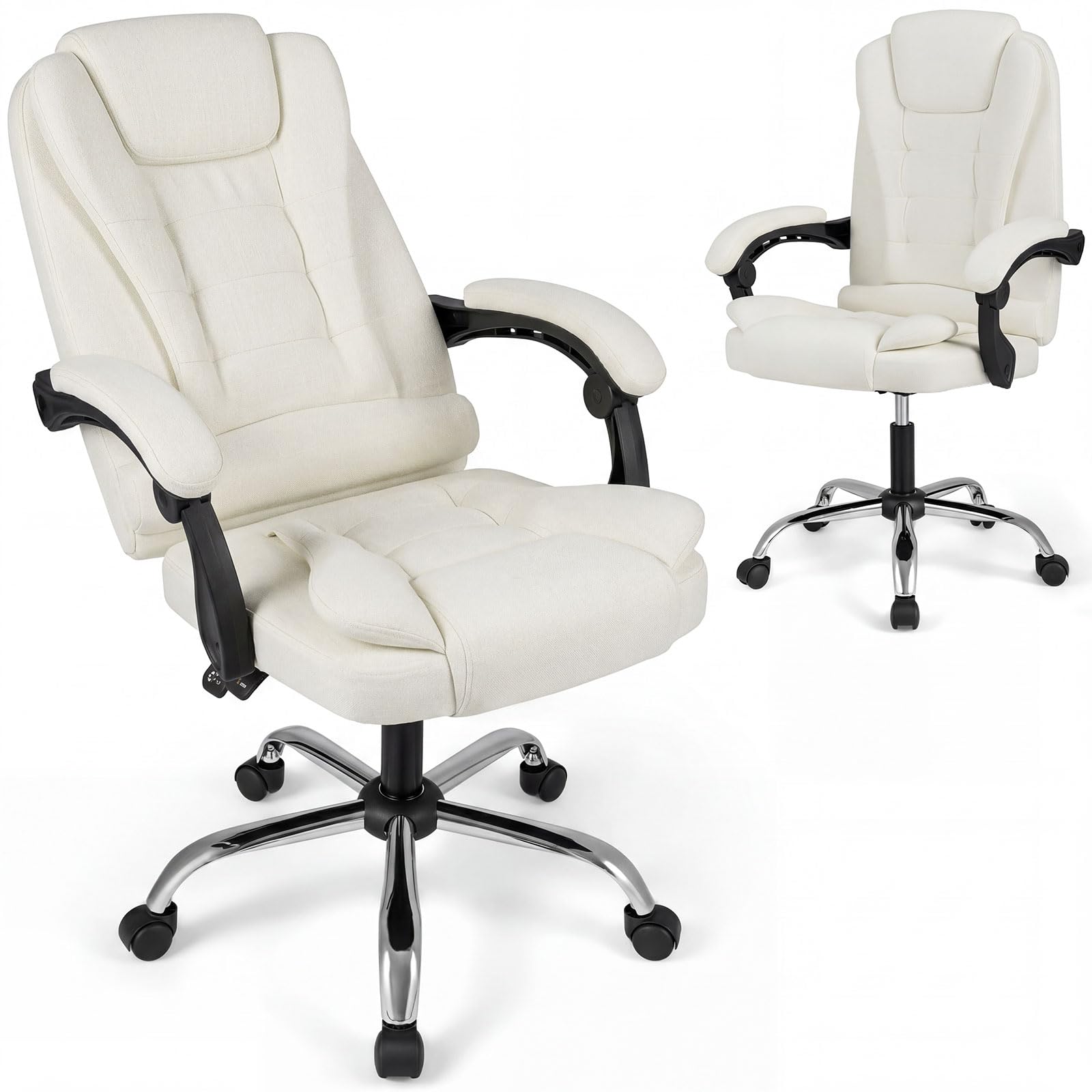 COSTWAY Silla Oficina Ergonómica, Respaldo Alto Reclinable 90°-135°, Beige