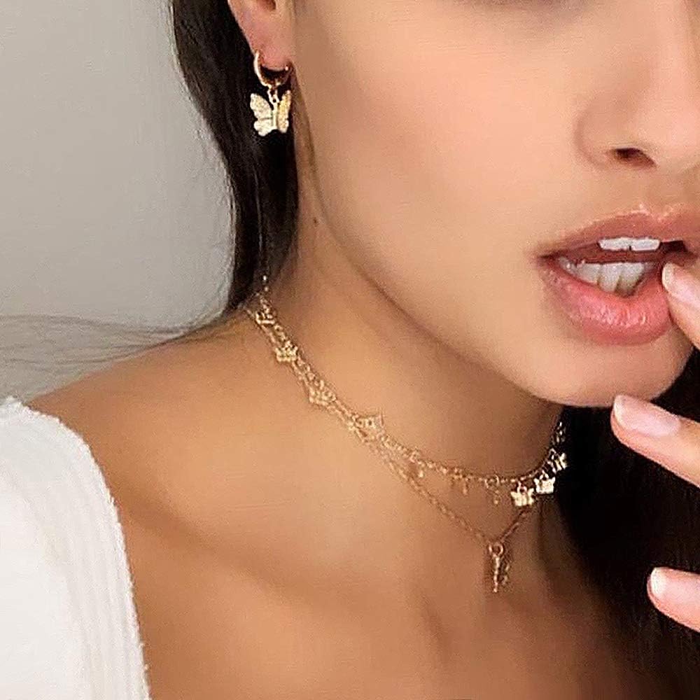 Charm Butterfly Hoop Earrings, 14K Gold Small Dangle Earrings, Crystal Drop Earring Silver Rhinestones for Women - Image 4