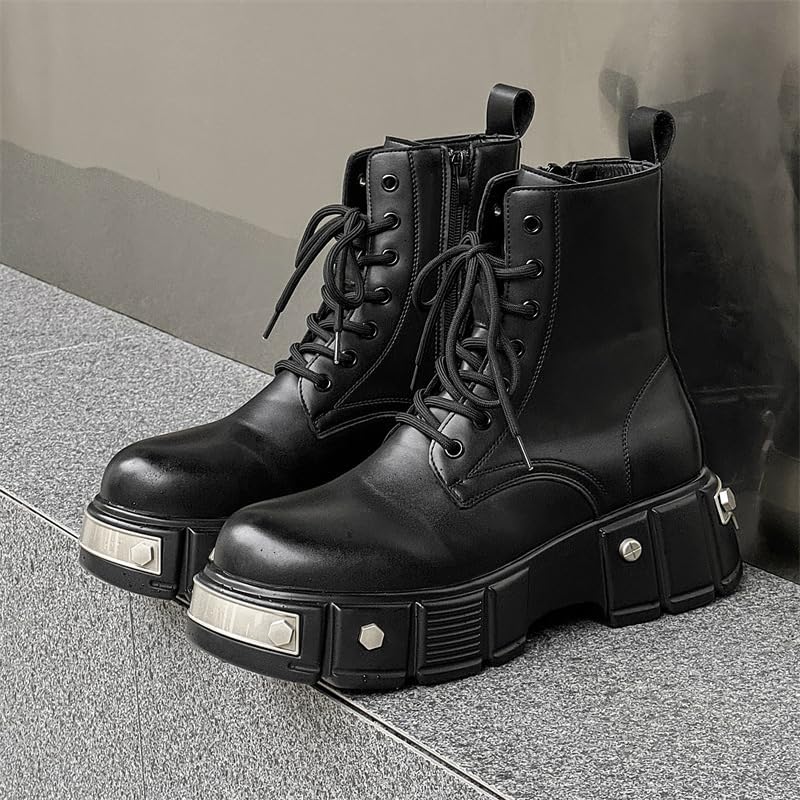 Men's Black Platform Ankle Goth Boots Lace up Side Zip Lug Sole Combat Booties Punk Motorcycle Boots Gothic Shoes