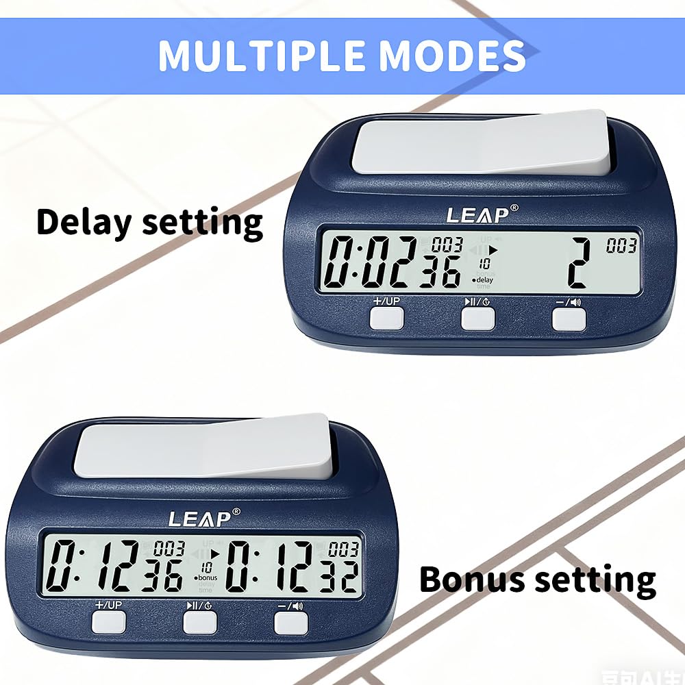 Orologio da Scacchi, Professionale Timer Scacchi con Display, Conteggio Alla Rovescia/Bonus/Ritardo, 3 Pulsanti di Controllo, Design da Competizione Timer per Tornei e Giochi da Tavolo (Blu)