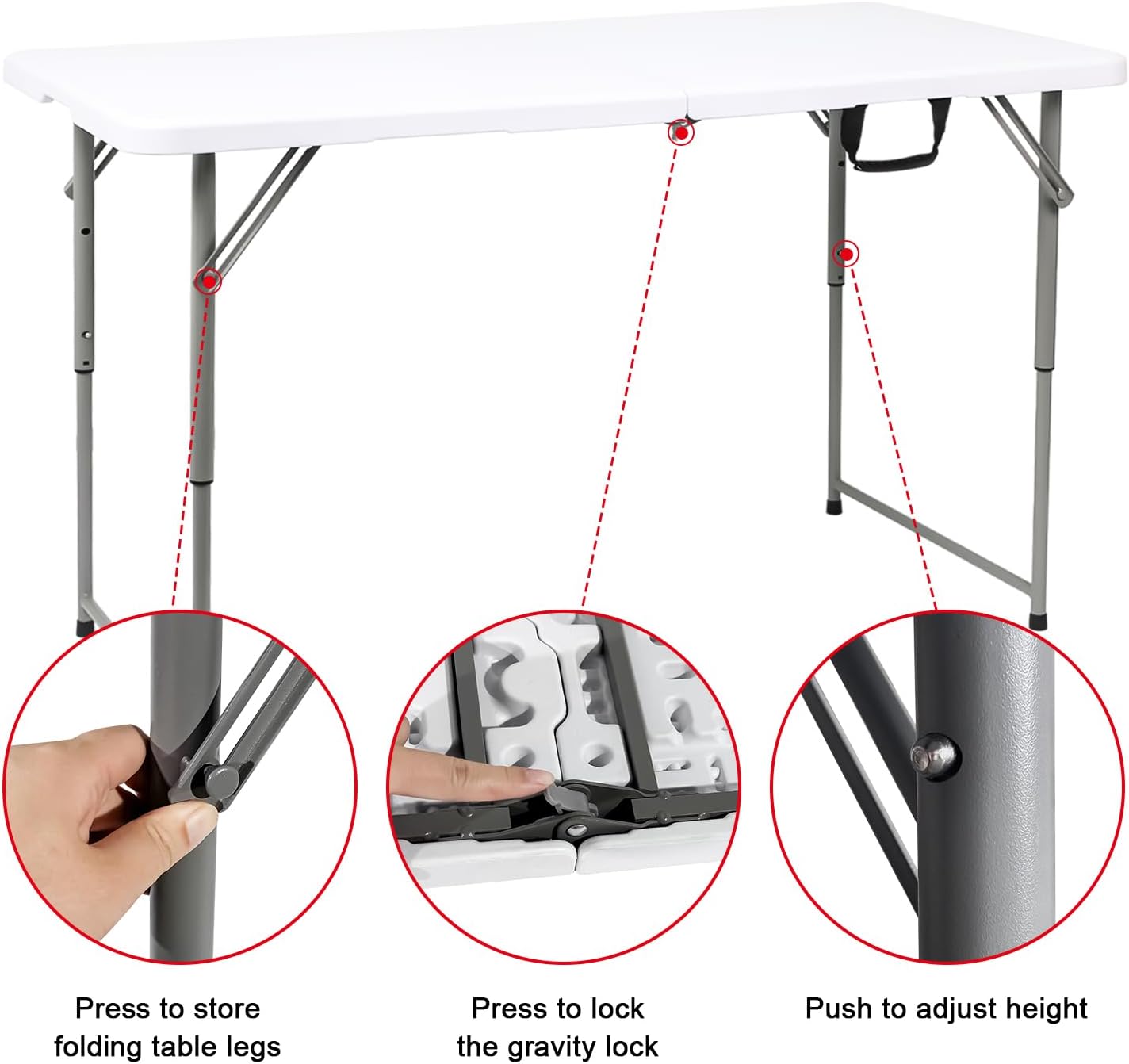 48" W x 24" D x 29.5" H - Folding Table Heavy Duty Portable, White Plastic Folding Utility Folding Table for Camping, Picnics & Parties