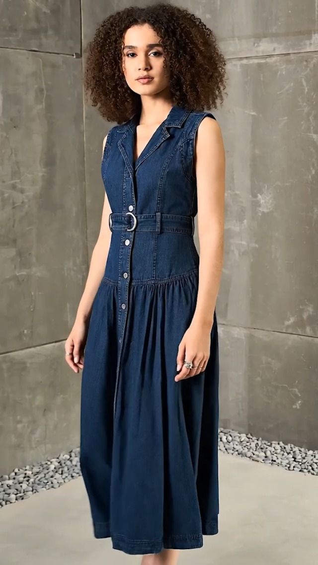Buy Sassafras Women's Blue Washed Denim Notch Collar Belted Maxi