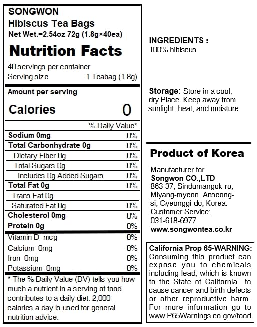 Miniatura 3 de Songwon Hibiscus Tea Bags, 100% Pure Hibiscus, Herbal Tea for Hot or Iced Brewing_1.8g x 40 (2.54 oz)