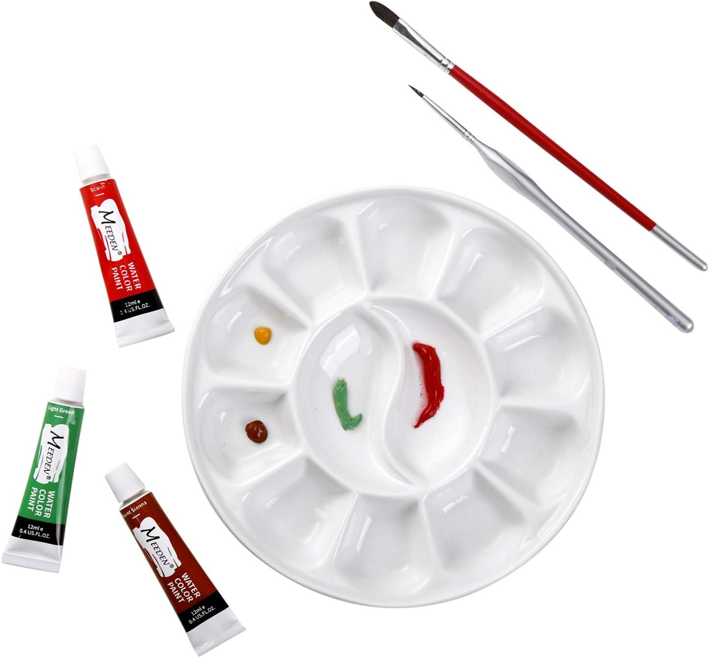 MEEDEN 12-Well Round Porcelain Watercolor Paint Palette for Watercolor Gouache Acrylic Oil Painting, 7-Inch