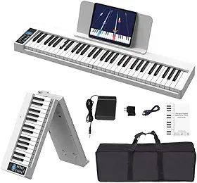 VEDO Piano Digital DobráVel Kit, 61 Teclas Semipesadas, Recarregável, 128 Tons, 128 Ritmos, 20 CançõEs de DemonstraçãO, USB-MIDI, DAW, Pedal SustentaçãO, Estante de Partitura, Branco