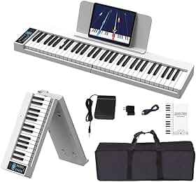 VEDO Piano Digital DobráVel Kit, 61 Teclas Semipesadas, Recarregável, 128 Tons, 128 Ritmos, 20 CançõEs de DemonstraçãO, USB-MIDI, DAW, Pedal SustentaçãO, Estante de Partitura, Branco