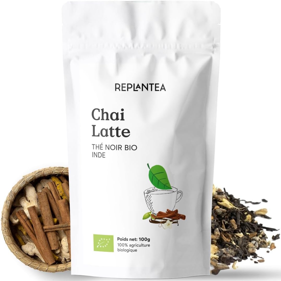 THÉ NOIR CHAI MASALA BIO 100g (50 Tasses) | Chai Latte sans Sucre | Thé Noir Indien Assam, Cannelle, Gingembre, Anis, Réglisse, Cardamome, Poivre Noir et Vanille REPLANTEA