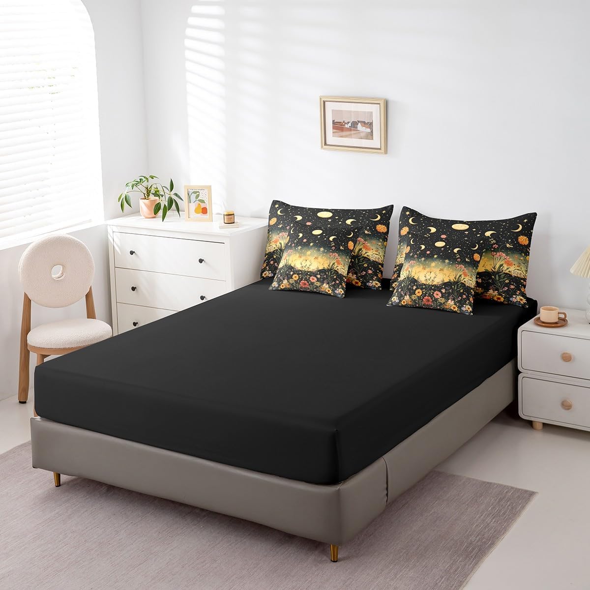 Feelyou 7 Piece Sun and Moon Bed in a Bag King Butterfly Moth Flower Sheet Set Rustic Garden for Boys Girls Kids Boho Moon Sun Star Bedding Comforter Boho Mandala Cushion Covers