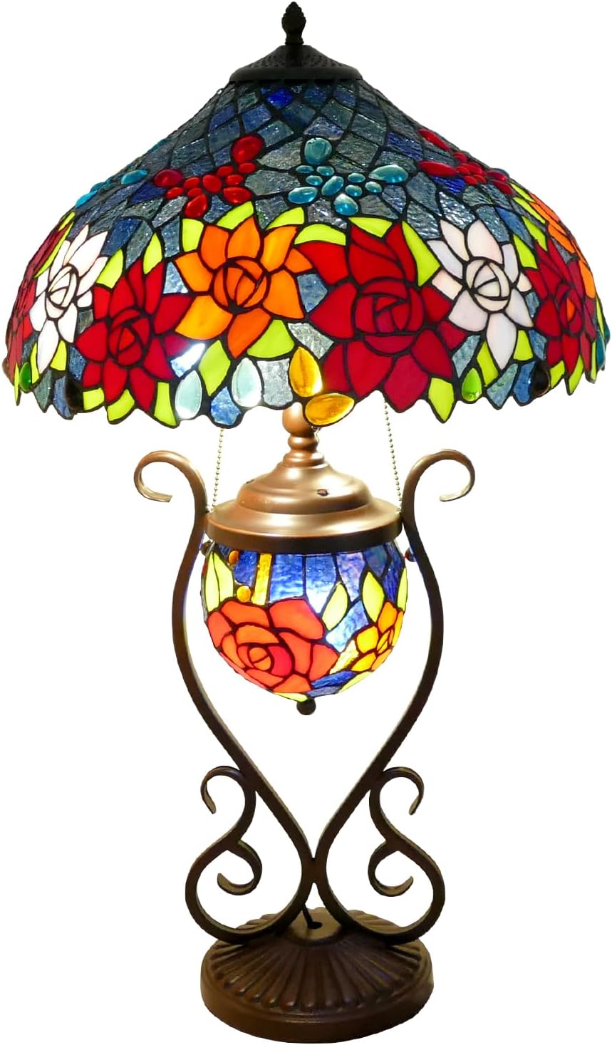 Tiffany Lamp Stained Glass Lamp 16x16x27 Inches Butterfly Rose Style Large Table Lamp Desk Light with Metal Base for Bedroom Living Room Home Office Decor