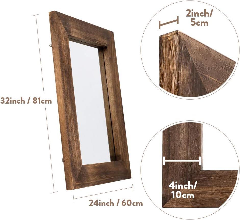 Natural Wood Hanging Mirror for Bathroom, Rustic Style Wood Frame Mirror, Vertical or Horizontal Hanging, Perfect for Entryway, Living Room, Wall Decor (24" x 32")