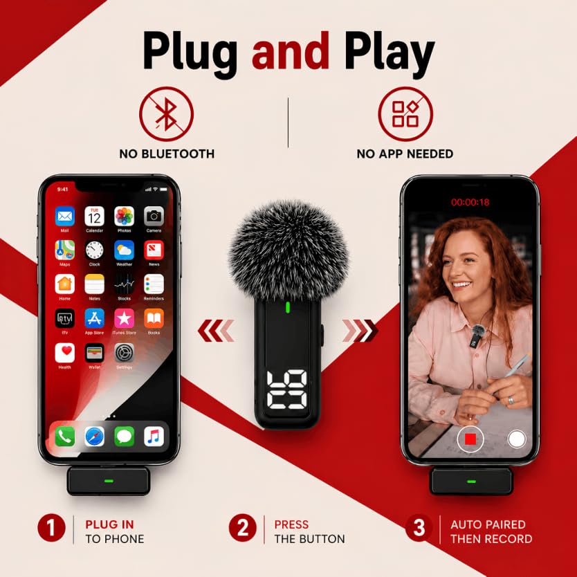 Image of Primate 2-in-1 Wireless Lavalier Microphone for iPhone & Android, 50m Stable Transmission, 6H Battery Life, Plug & Play Auto Pairing, Mini Mic for Video Recording, Live Streaming & Podcasts