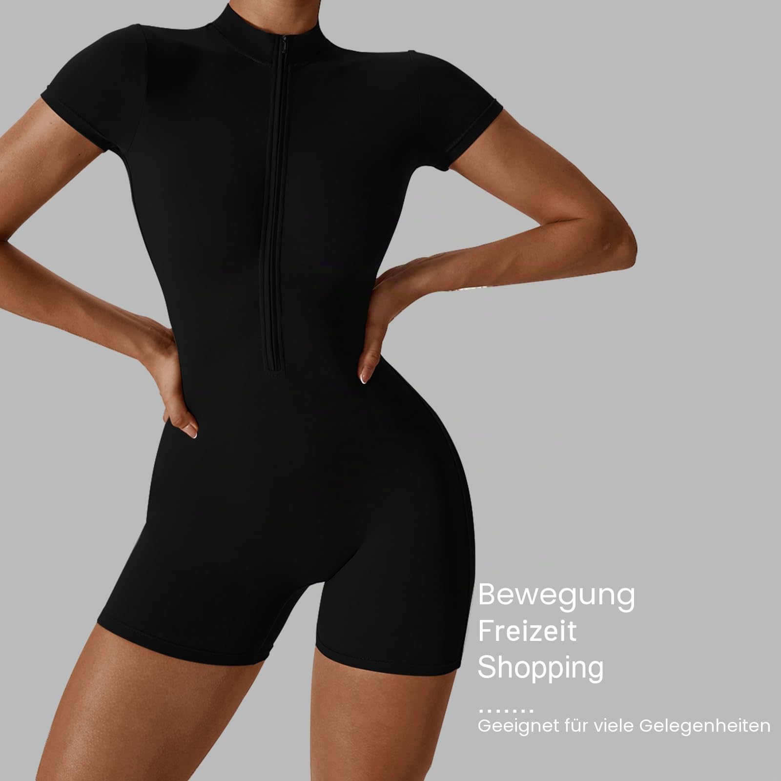 Litthing Damen Sport Jumpsuit Kurz Yoga Playsuit Eng mit V-Ausschnitt Reißverschluss Overall Body Outfits Bodycon Kurze Ärmel Stretch Jogging Strampler