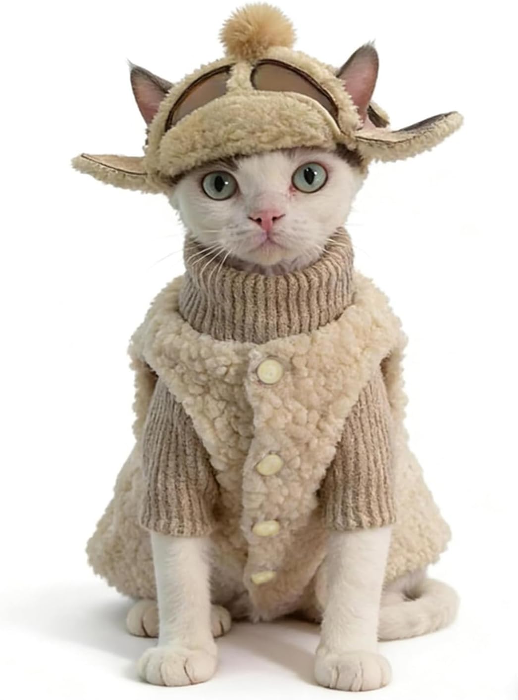 Retro Fleece Vest with Hat for Devon Rex and Hairless Cats Warm Winter Clothing for Cat & Dog (L(8-10lbs))