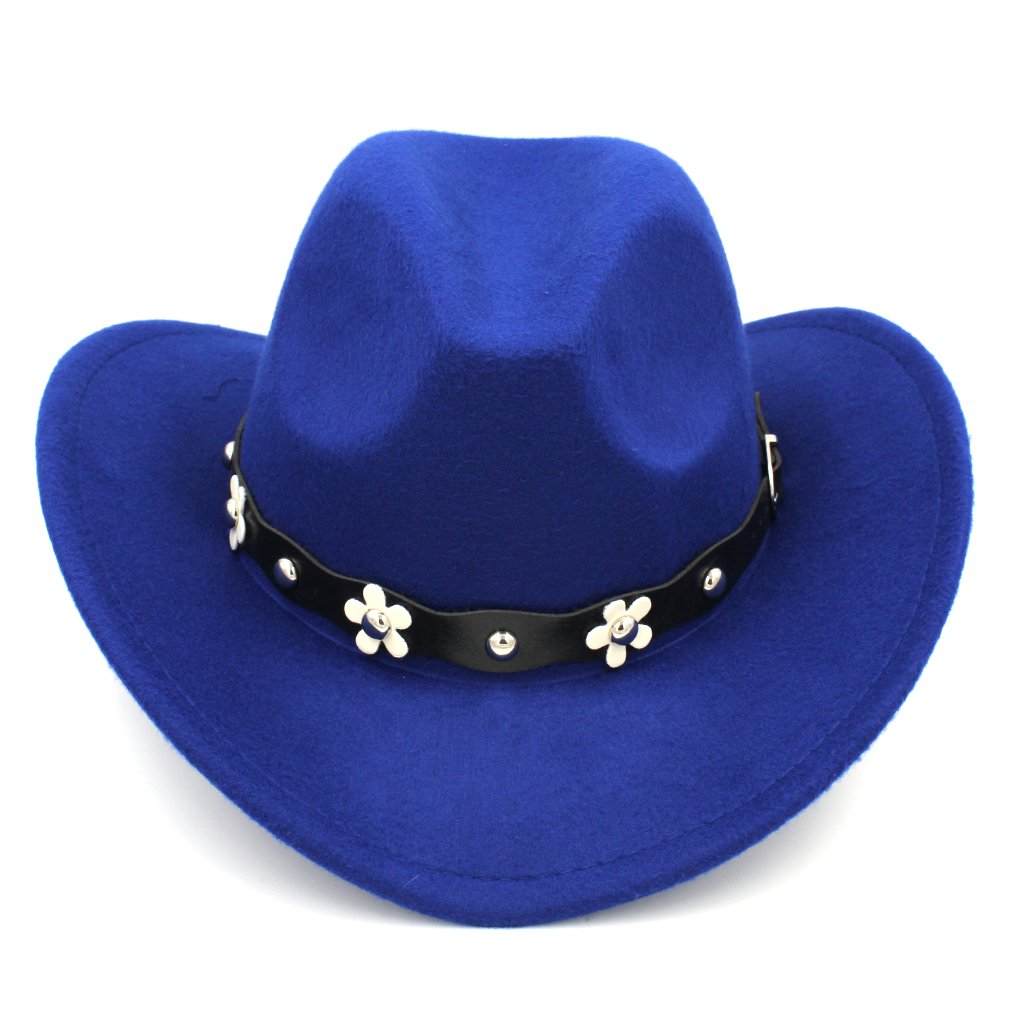 Kids Children Western Cowboy Hat Girls Cowgirl Cap w/Flower Studded Leather Belt Decorations for Halloween Birthday Party (Blue), 20.5-21.3in(52-54cm)