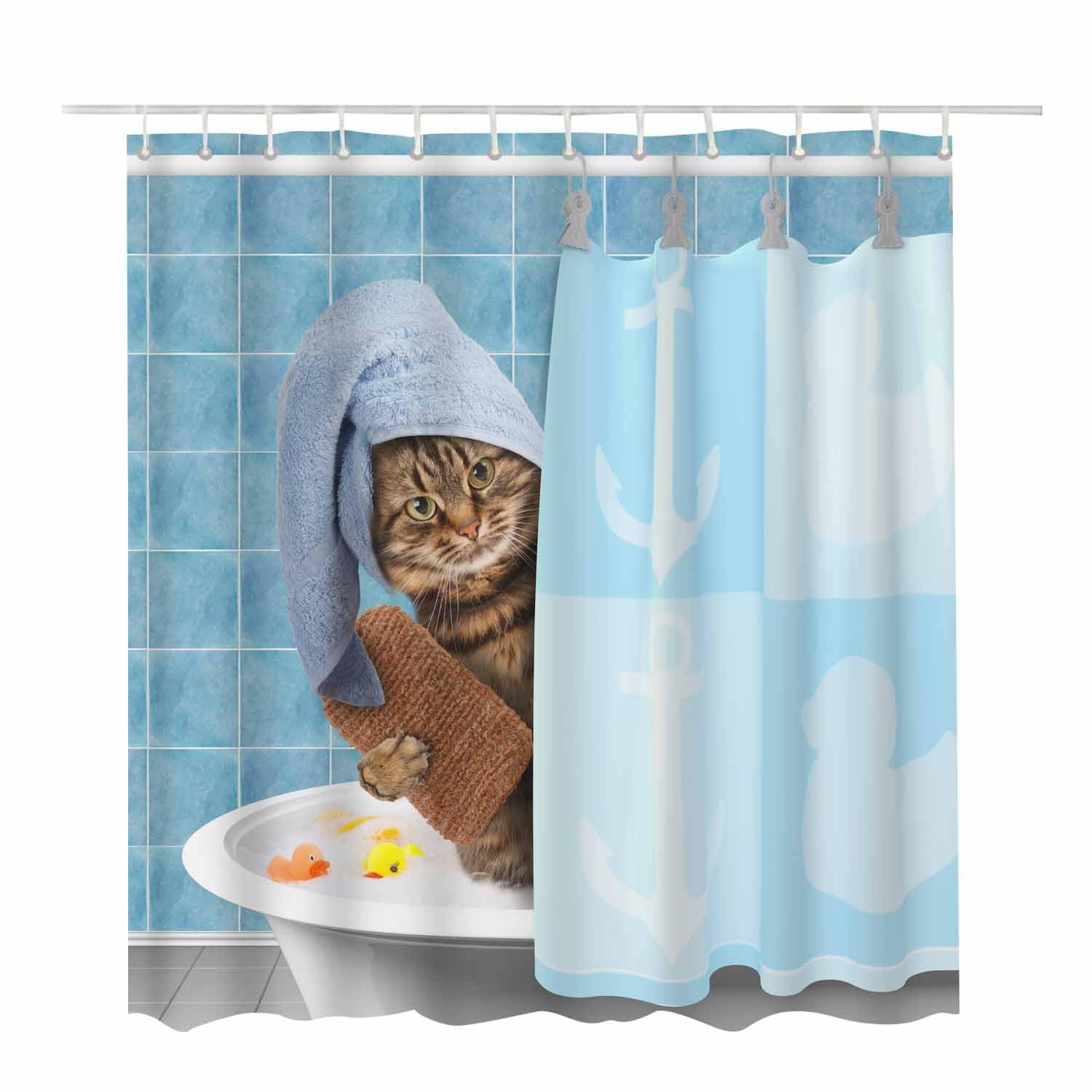 Woutay Shower Curtain Mould Proof Resistant Funny Cat Taking A Bath,Water Repellant Fabric,Polyester,with 12 Plastic Hooks - Image 2
