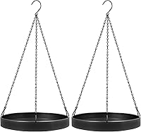 PIKAMAO Black Metal Hanging Plant Hanger Trays, Indoor Outdoor Plant Baskets Holders, 9.4" Round Shelf with 27.5" Chains, 2 Pack