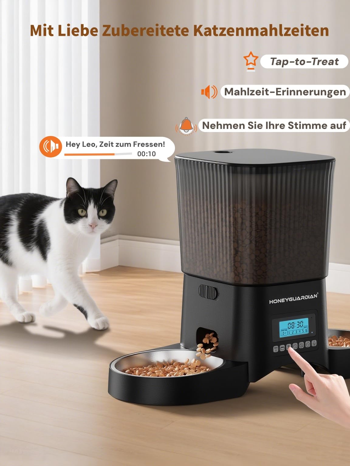 HoneyGuaridan Futterautomat Katze 2 Näpfe, Futterspender für 2 Katzen, Katzenfutter Automat mit 304 Edelstahlnapf, 3.5L Trockenfutter Automat für Katzen, 1-6 Mahlzeiten/Tag, Dual-Stromversorgung