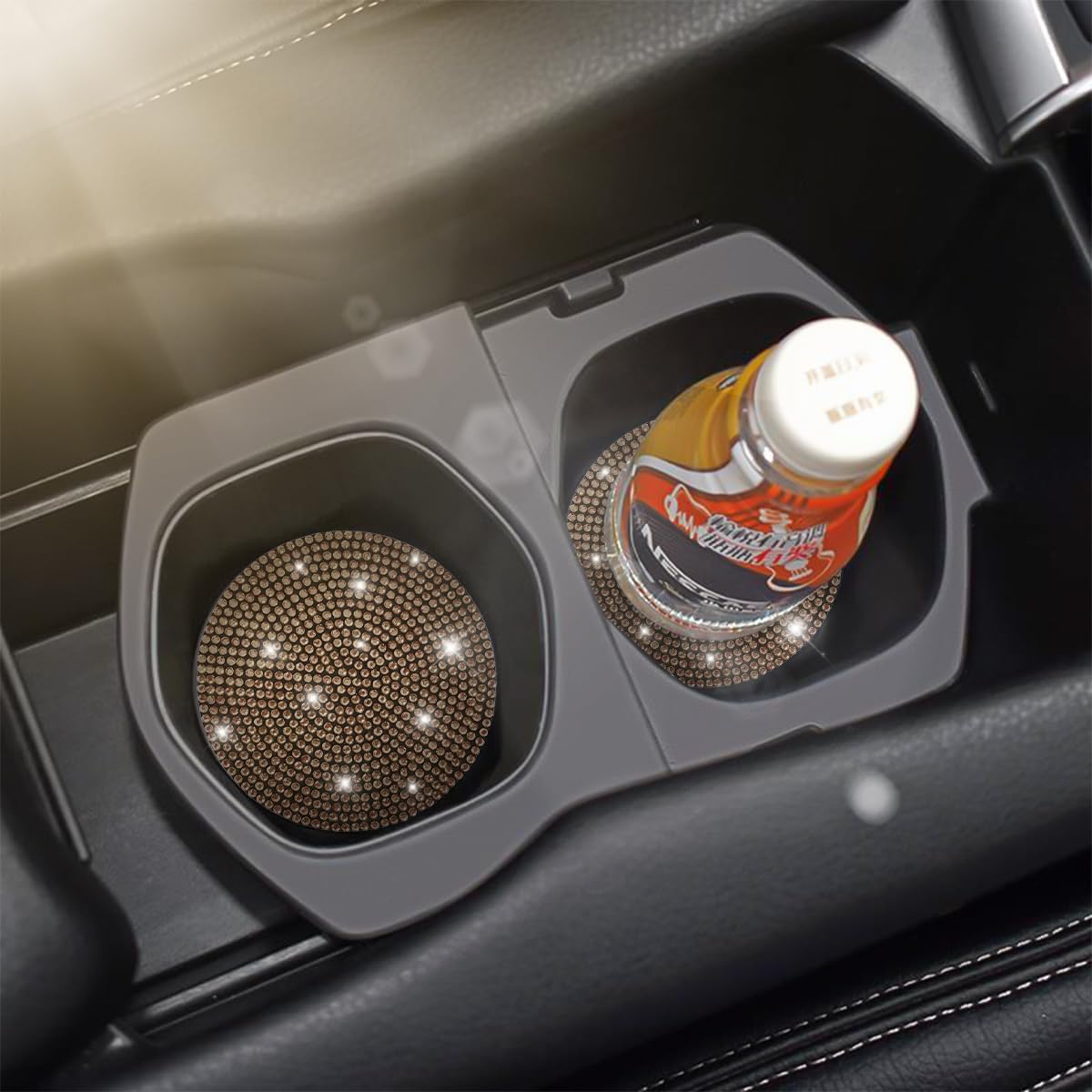 Osilly Bling Car Cup Holder Coaster, 2 Pack Crystal Rhinestone Anti-Slip Insert Coasters, Universal 2.75 Inch Fashion Automotive Cup Mat, Car Interior Accessories Decor Gifts for Women (Golden)