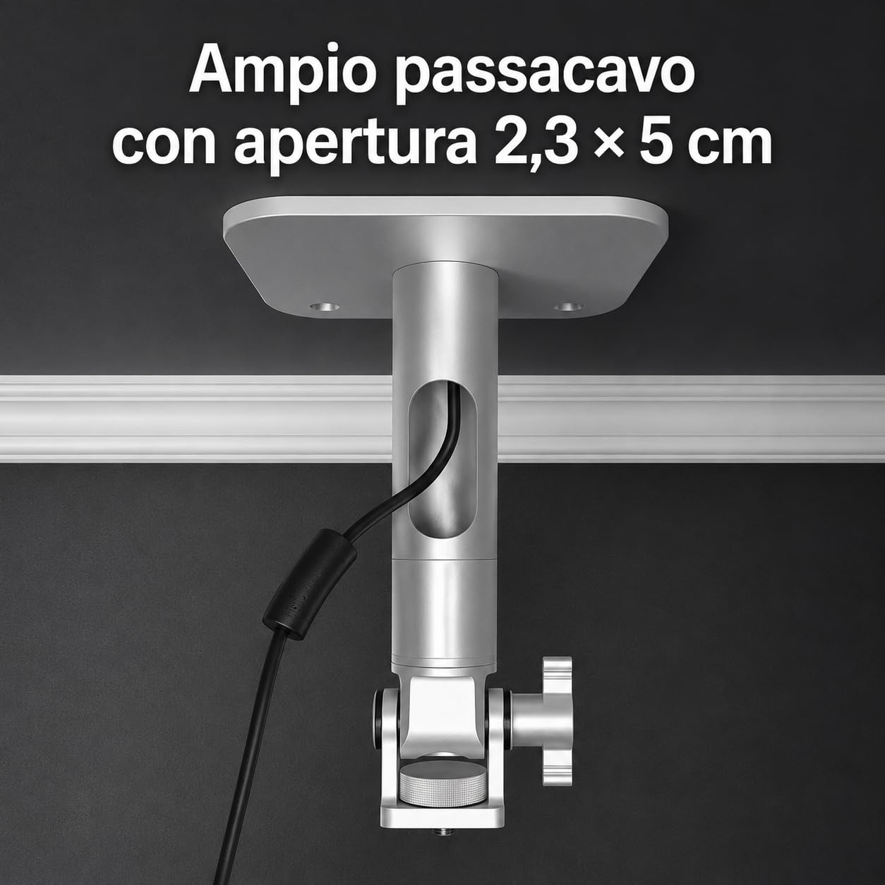 Staffa a Soffitto e Parete per Proiettore – Supporto Universale, Portata 10 kg, Regolabile 11-51 cm, Filettatura 1/4", Alluminio Al6063, Rotazione 360°, Cavo Nascosto, Argento