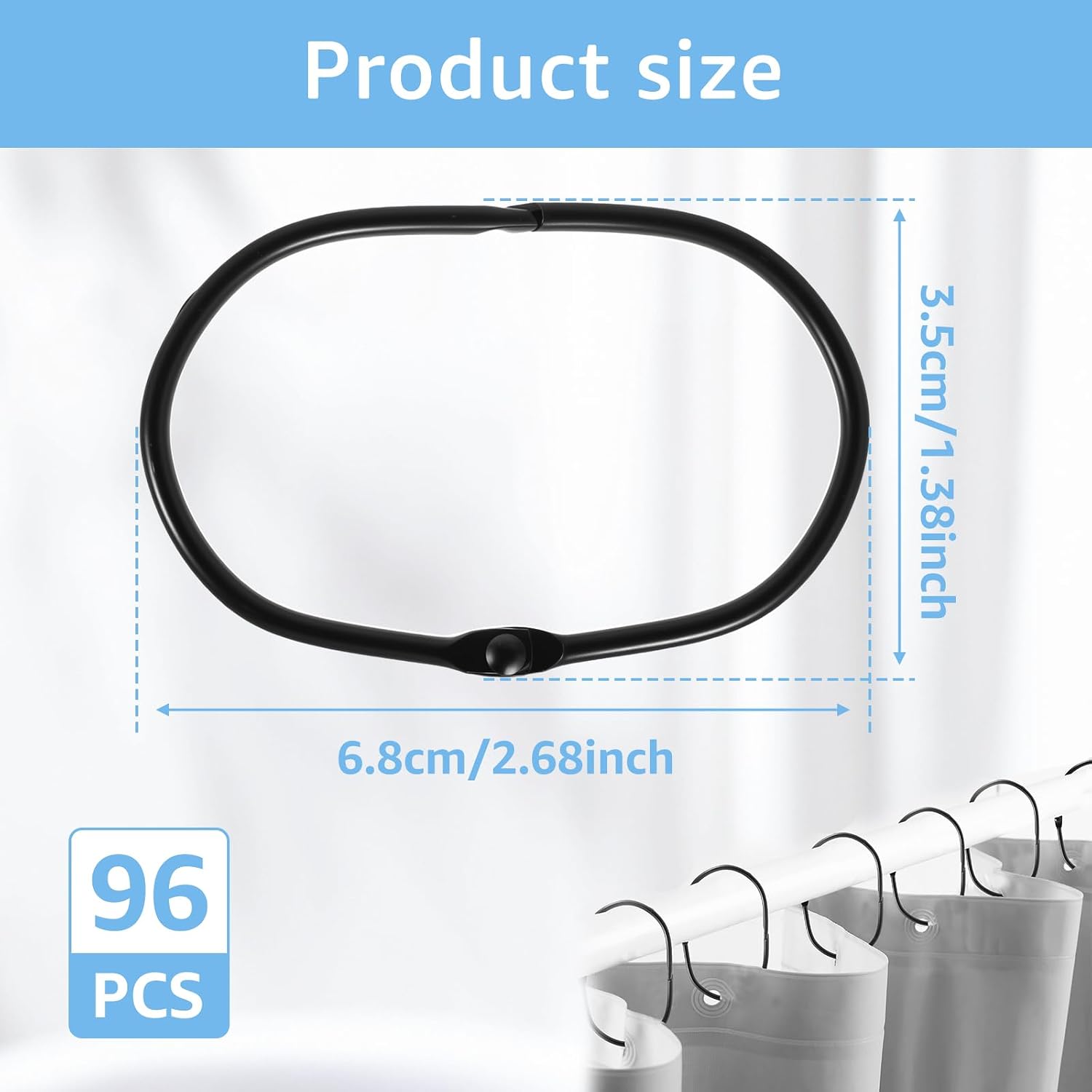 96 Pcs Shower Curtain Rings Rust Proof Iron Shower Curtain Hooks Black/Silver Oval Shower Curtain Rings Multipurpose Snap Joint Shower Curtain Hooks for Bathroom Shower Rod Less or Equal to 1.3inch