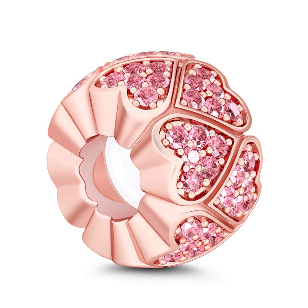 GNOCESterling Silver Rubber Spacer Charm Rose Gold Heart Shape Stopper Bead with Cubic Zirconia Fit All Charms Bracelet