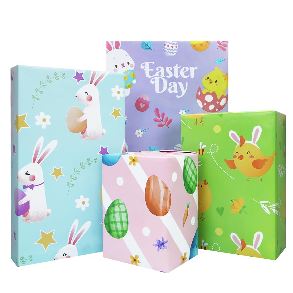 12 Feuilles Papier Cadeau Pâques - 4 Motifs Mignons Lapins Et Œufs | 27x20 Inches - Parfait Pour Emballage Fêtes Et DIY