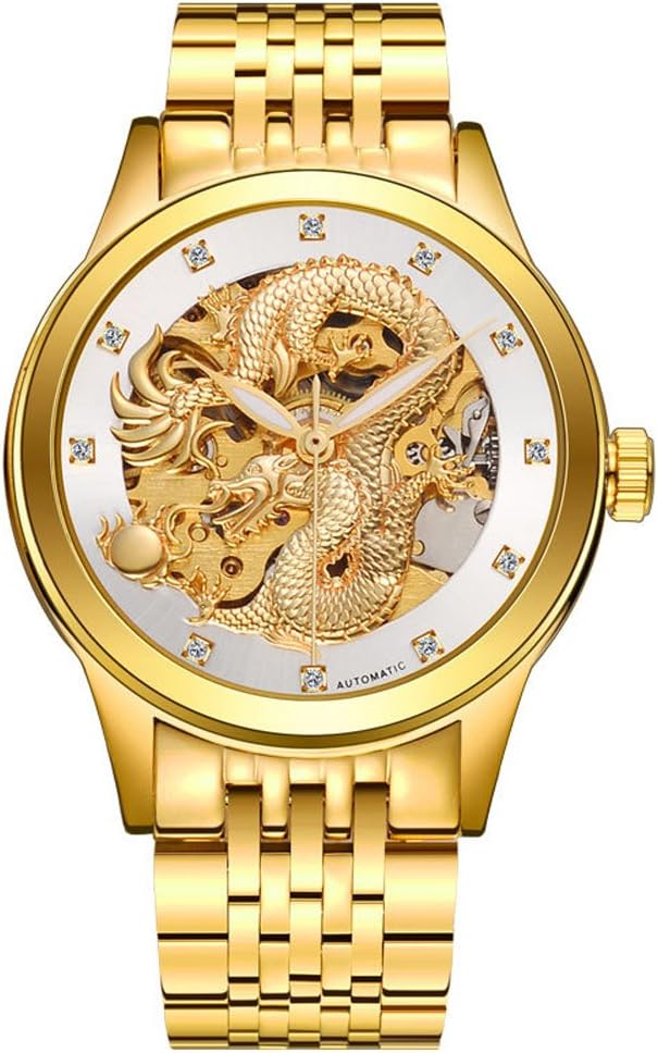 KTETA Mens Luxury Automatic Mechanical Dragon Skeleton Wrist Watches Gold Two-Tone Stainless Steel Analog Casual Watch