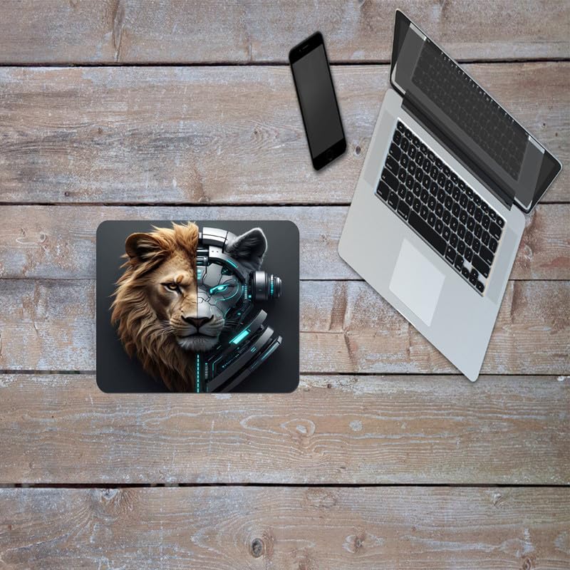 Image of Shivor Gaming Mouse Mat | Cyber Lion Split Printed Design | Nature Meets Tech Artwork Theme | Smooth Precision Control Surface | Non Slip Rubber Base Stability | Compatible with Laser Optical Mice