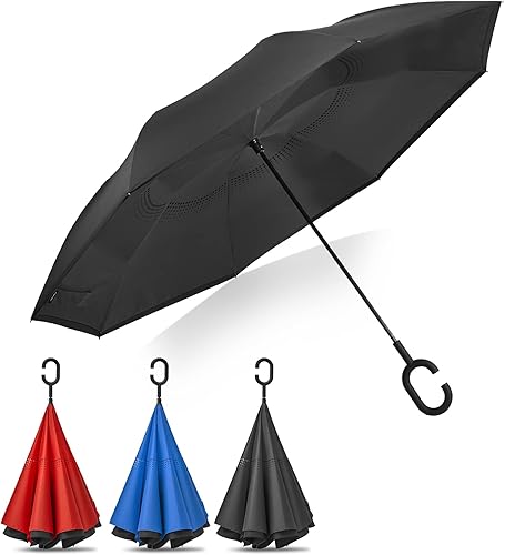 Miniatura 9 de G4Free Paraguas invertido grande de 62 pulgadas con mango en forma de C, resistente al viento, doble capa al revés, paraguas de lluvia para