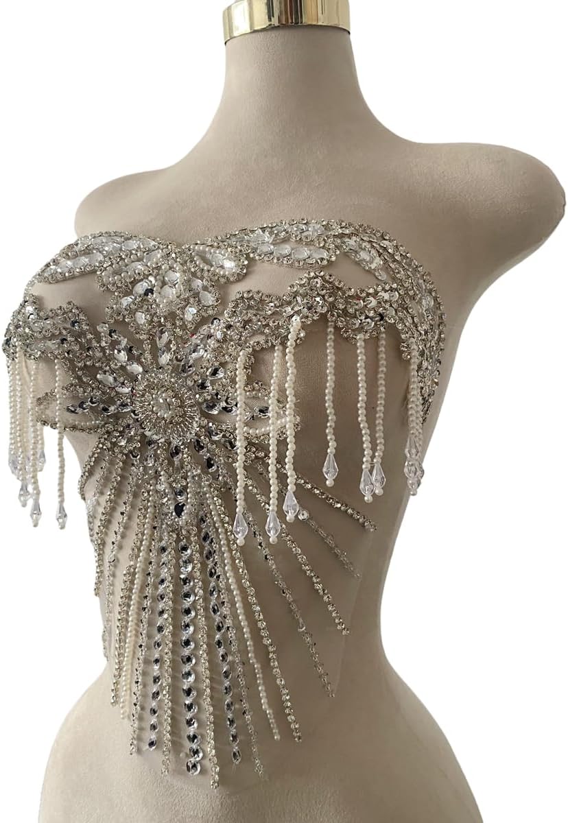 Unique Tassel Decorative Appliques Pure Handsewing Beads Rhinestones Trim Patches Luxurious Design Accessories for The Chest of Clothes Dress (Silver)