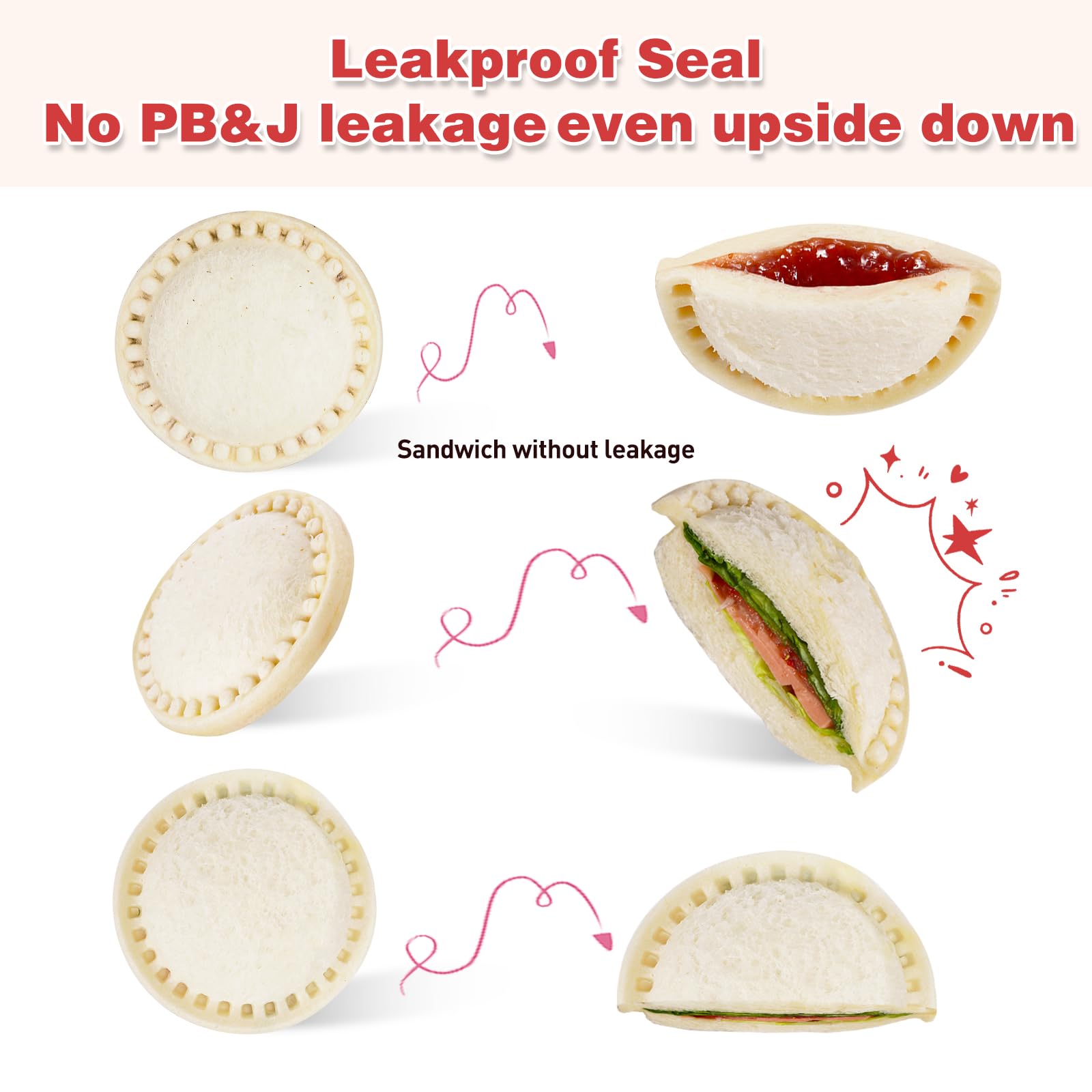 Cortador y sellador de sándwich a prueba de fugas y sin BPA para PB&J, herramienta de cocina redonda sin corteza, máquina de aperitivos para almuerzo para niños para galletas, masa de 6