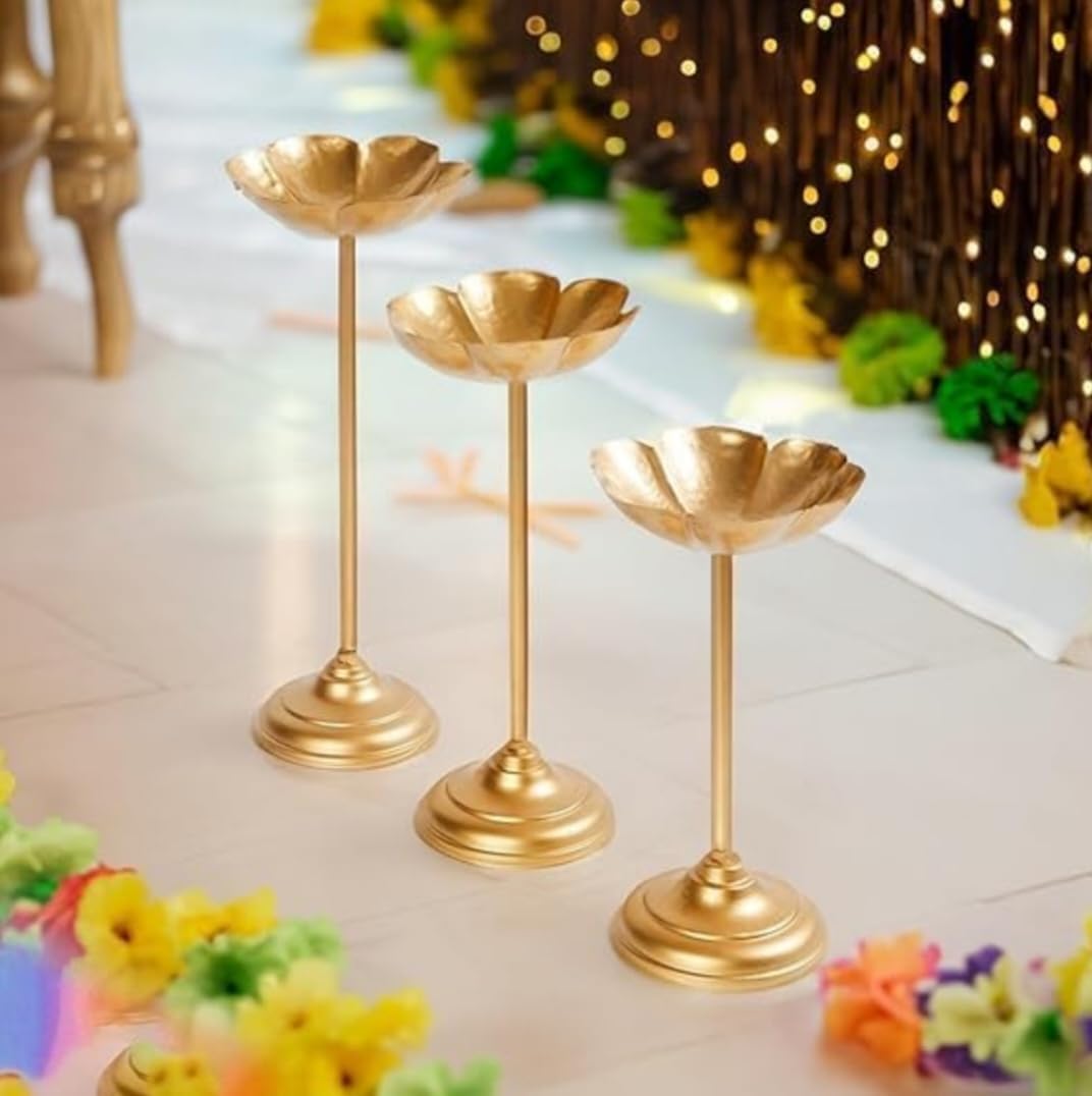 ZM Handcrafted Decorative Set of 3 Urli Bowl Tealight Candle Holders with Stand Home Decor for Diwali & Puja | Perfect for Festive & Traditional Deco (TeaLight Stand Set)-image-38