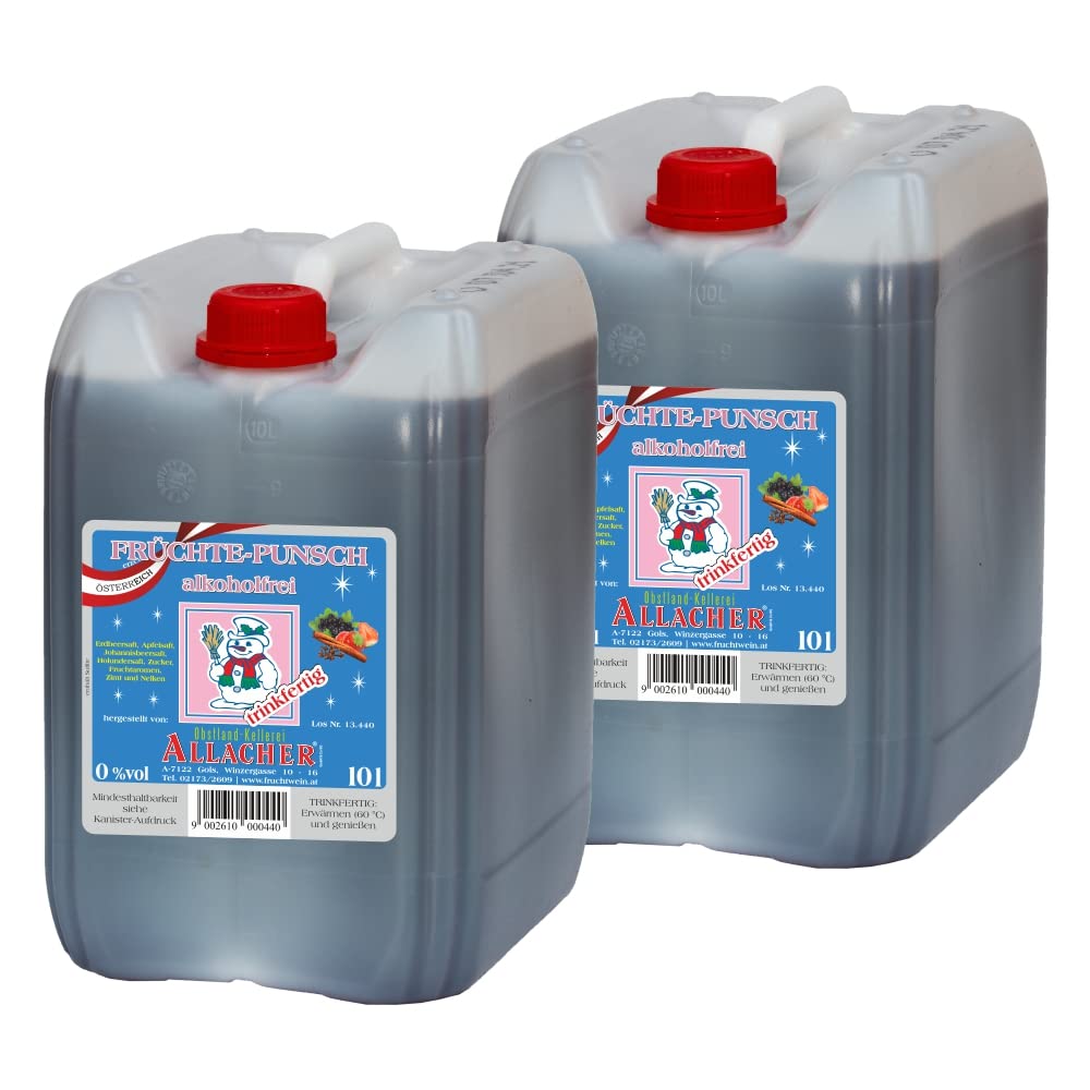 Allacher Früchte Punsch alkoholfrei - Kinderpunsch trinkfertig - 2x10L (20 Liter) Kanister - Großmenge ideal für Weihnachtsmarkt, Christkindlmarkt, Adventmarkt - Winter Heißgetränk ohne Alkohol