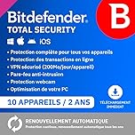 Bitdefender Total Security| 10 Appareils | 2 Ans | PC/Mac/iOS/Android | Code d’activation par email | Renouvellement Automatique
