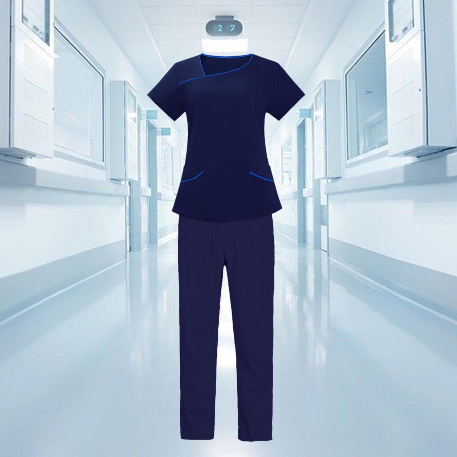 Conjunto de Uniforme Médico para, Ropa de Trabajo para Cuidadores de Mascotas, Ropa de Trabajo para El Sector Salud, Cómodo de Usar, Blusa, L azul oscuro