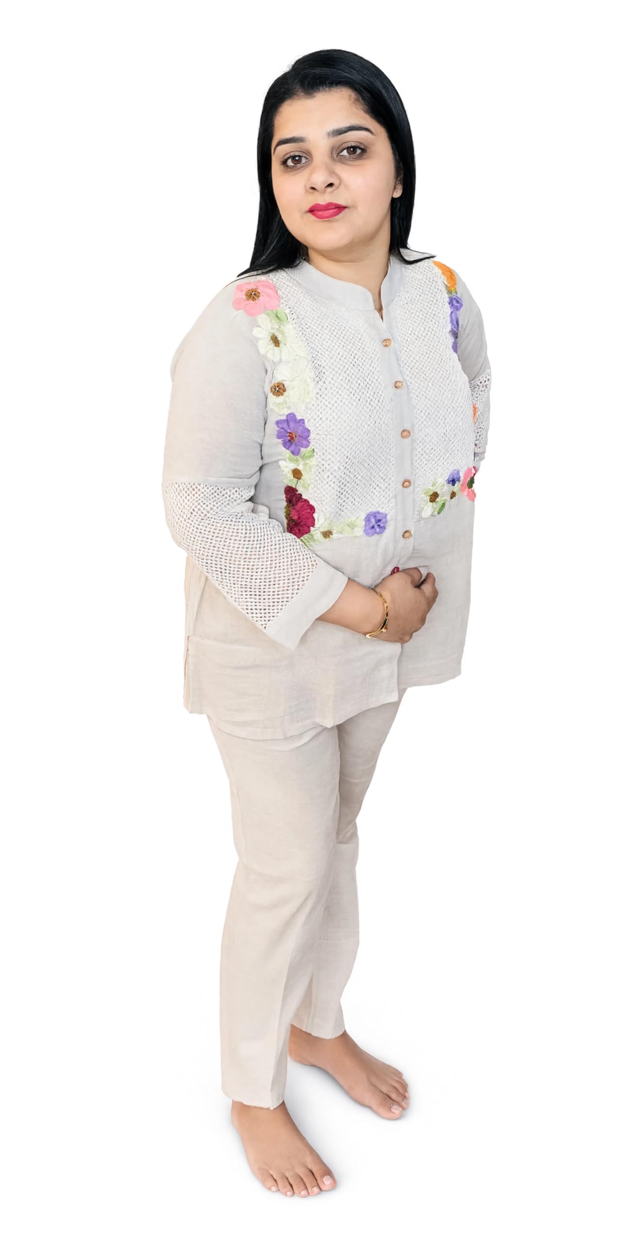 aishleen attire Women's Floral Embroidered Co-Ord Set | Cotton Blend Shirt & Pant Set | Mandarin Collar | Full Sleeve | Casual, Office & Ethnic Wear-picture-54