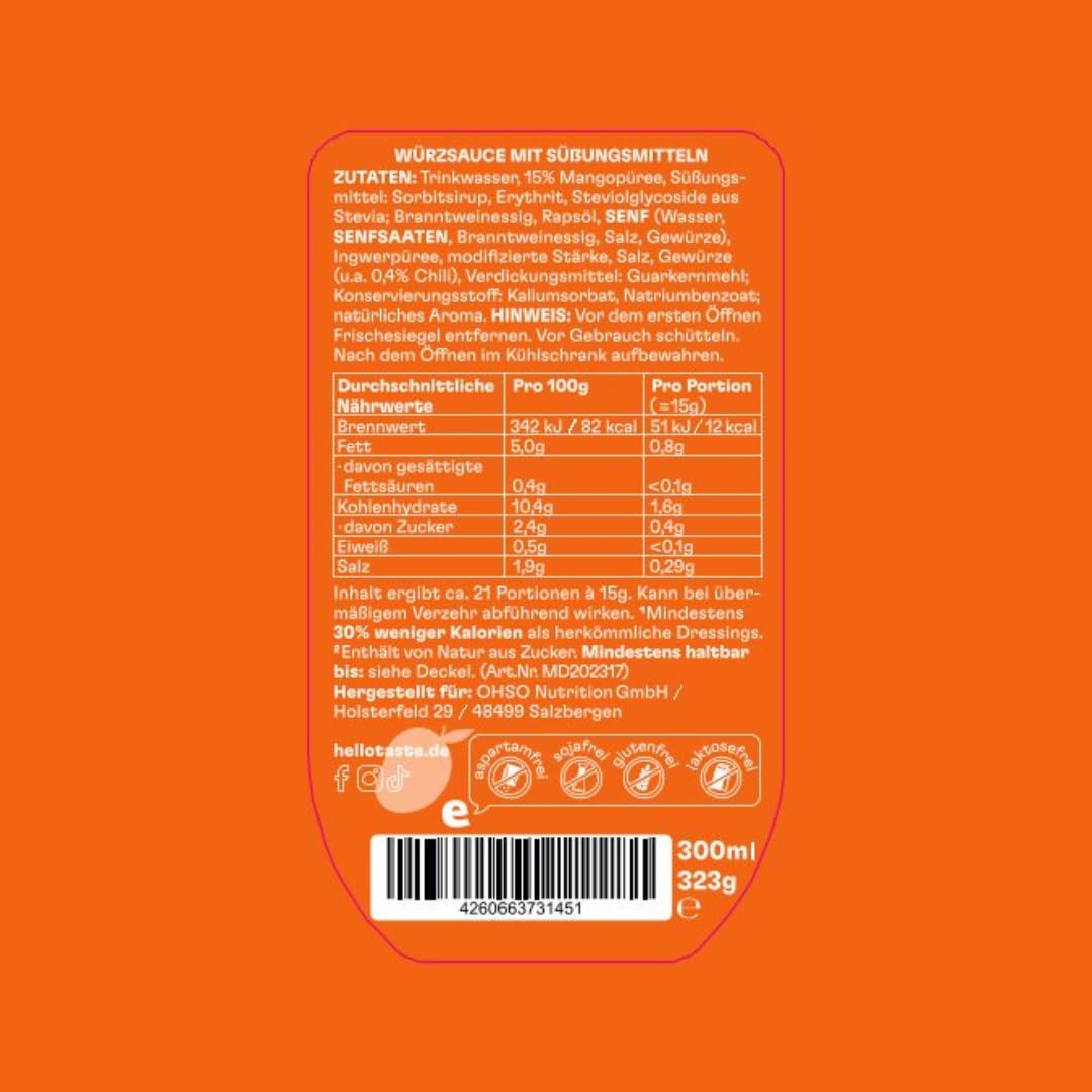 hellotaste Mango-Chili Dressing 300ml Vorratspaket - kalorienreduziert, ohne Zuckerzusatz & voller Geschmack | Für Gerichte, zum Grillen uvm. | Vegan, aspartamfrei, glutenfrei, sojafrei | 7 x 300ml
