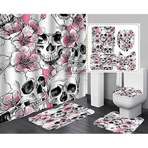 AZZXZONa Pink Flower Skull Print Bathroom Accessories Set 4 Pieces, Waterproof Shower Curtain Set + Bathroom Mat + U-Shaped Contour Mat + Toilet Seat Cover + 12 Hooks Cover