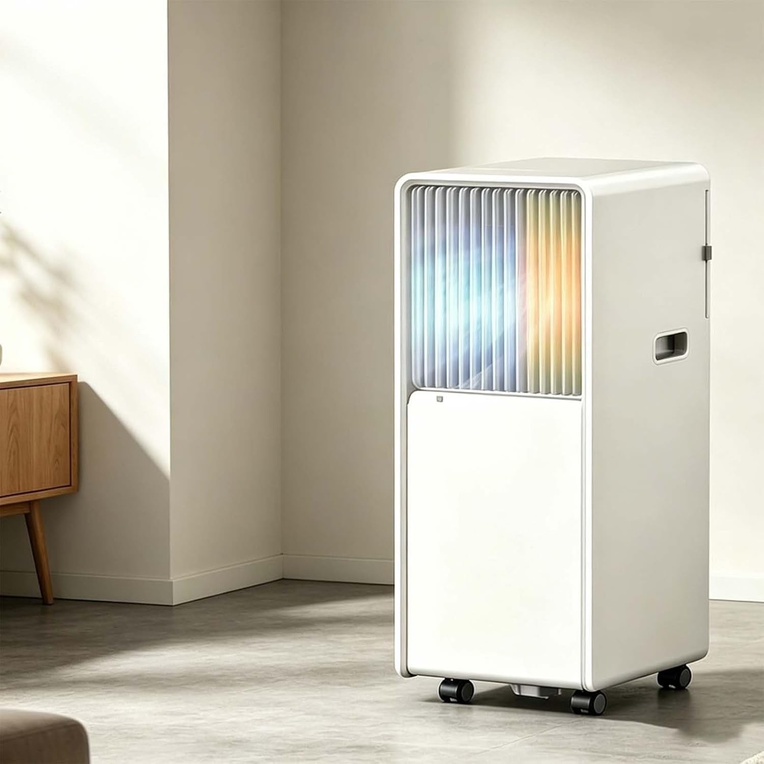 Tragbares Klimagerät, Inverter-AC mit Kühlen, Heizen, Entfeuchten & Belüftung, smartes Bedienfeld, Staubfilter mit 360°-Rollen für zuhause. Comes with UK 3-pin, Q7