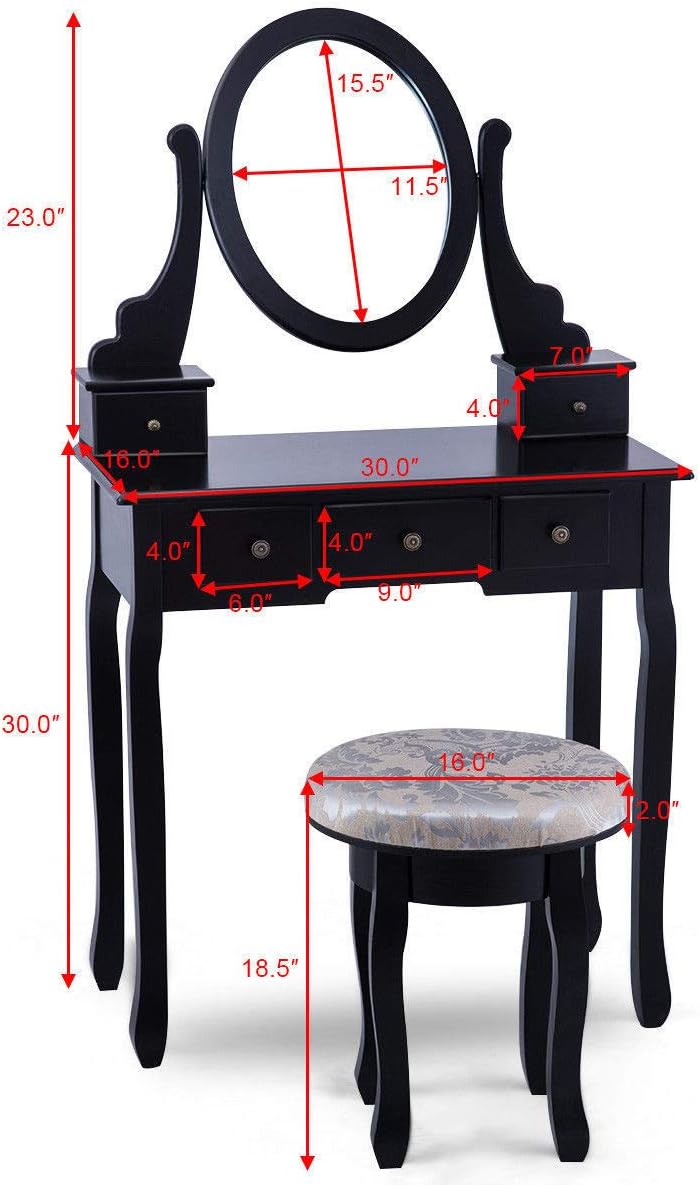 Giantex Vanity Makeup Table Set Bedroom Furniture with Cushioned Padded Stool & 5 Drawer Round 360 Degree Rotation Swivel Mirror Dressing Table Stool Wooden Vanity Set (Black with 5 Drawer)