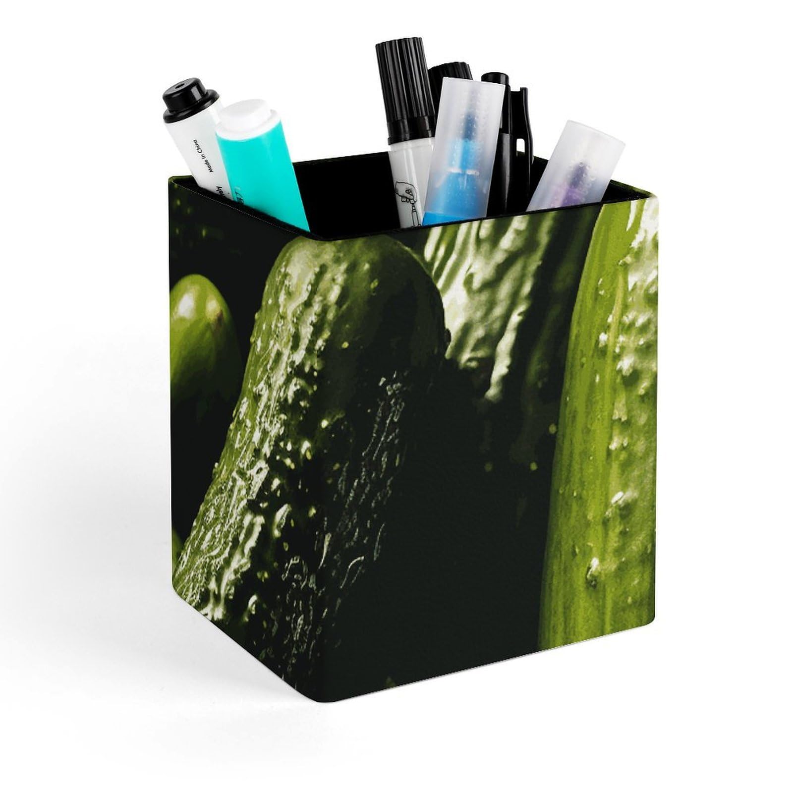 DWVTSLH Aesthetic Pen Holder for Desk - Modern Leather Pencil Holder - Stylish Square Makeup Brush Holder - Pickle Pen Cup Cute And Functional Desk Organizer for Office Supplies