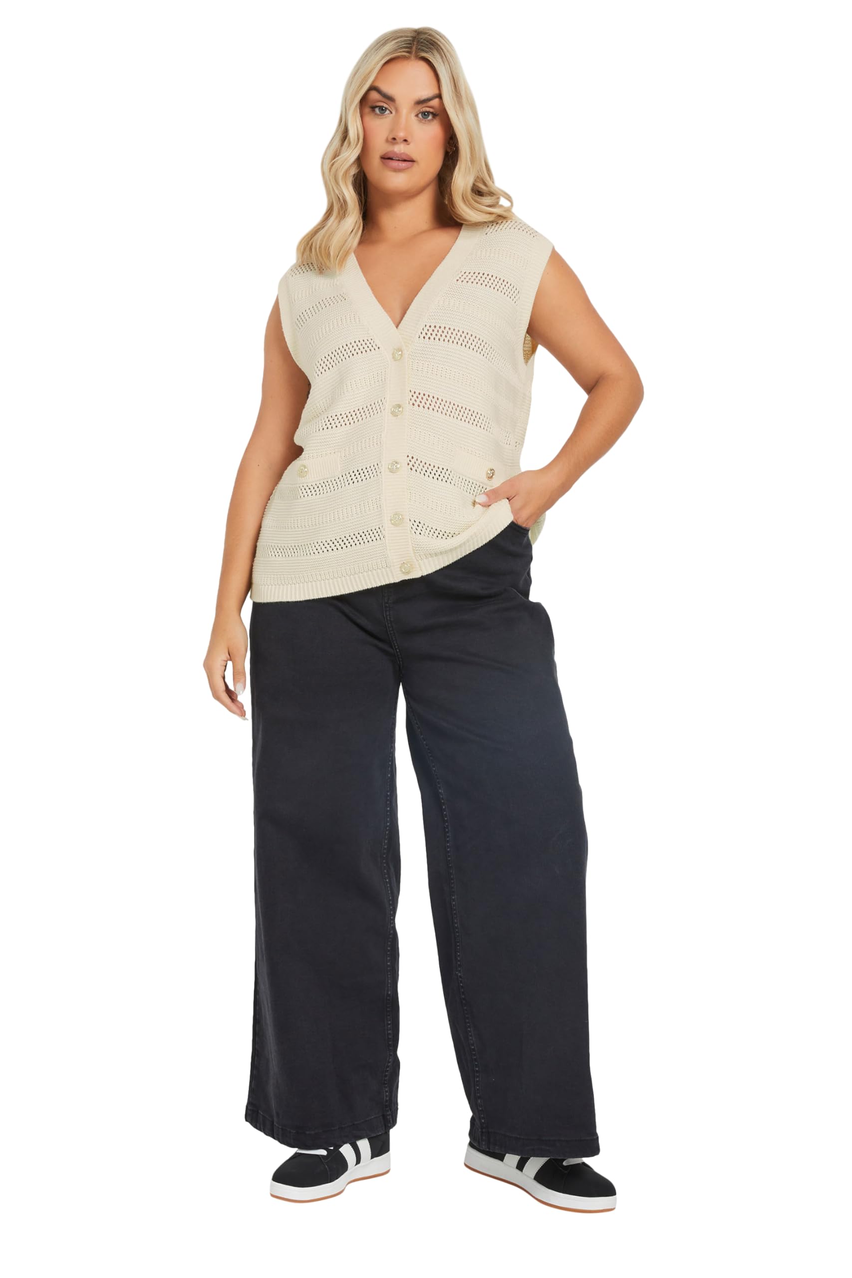 Yours Curve Crochet Button Through Knitted Vest - Women's - Plus Size Curve