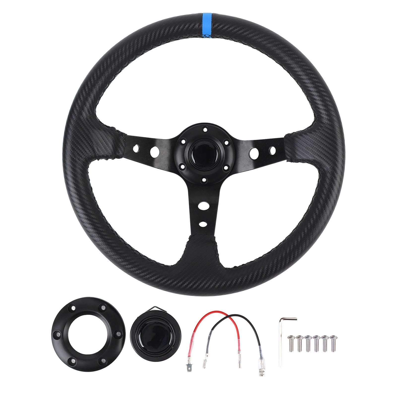 KIMISS Volante de carreras de 14 pulgadas para coche, diseño fibra de carbono, universal con botón de claxon y adaptador de 6 agujeros - Volante deportivo para drifting