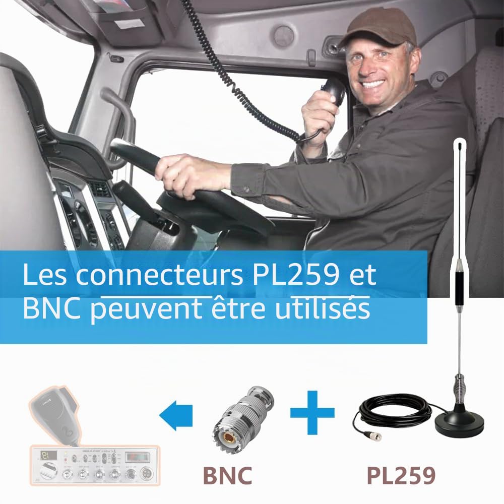 Antenne CB (27 MHz, Ht 67cm) Longue Portée | Compatible avec CiBi Président, Midland, Uniden | avec Socle Magnétique(Ø95 mm), Câble RG58 (5 m, 50 Ω), Fiche PL259 et Adaptateur (UHF vers BNC)